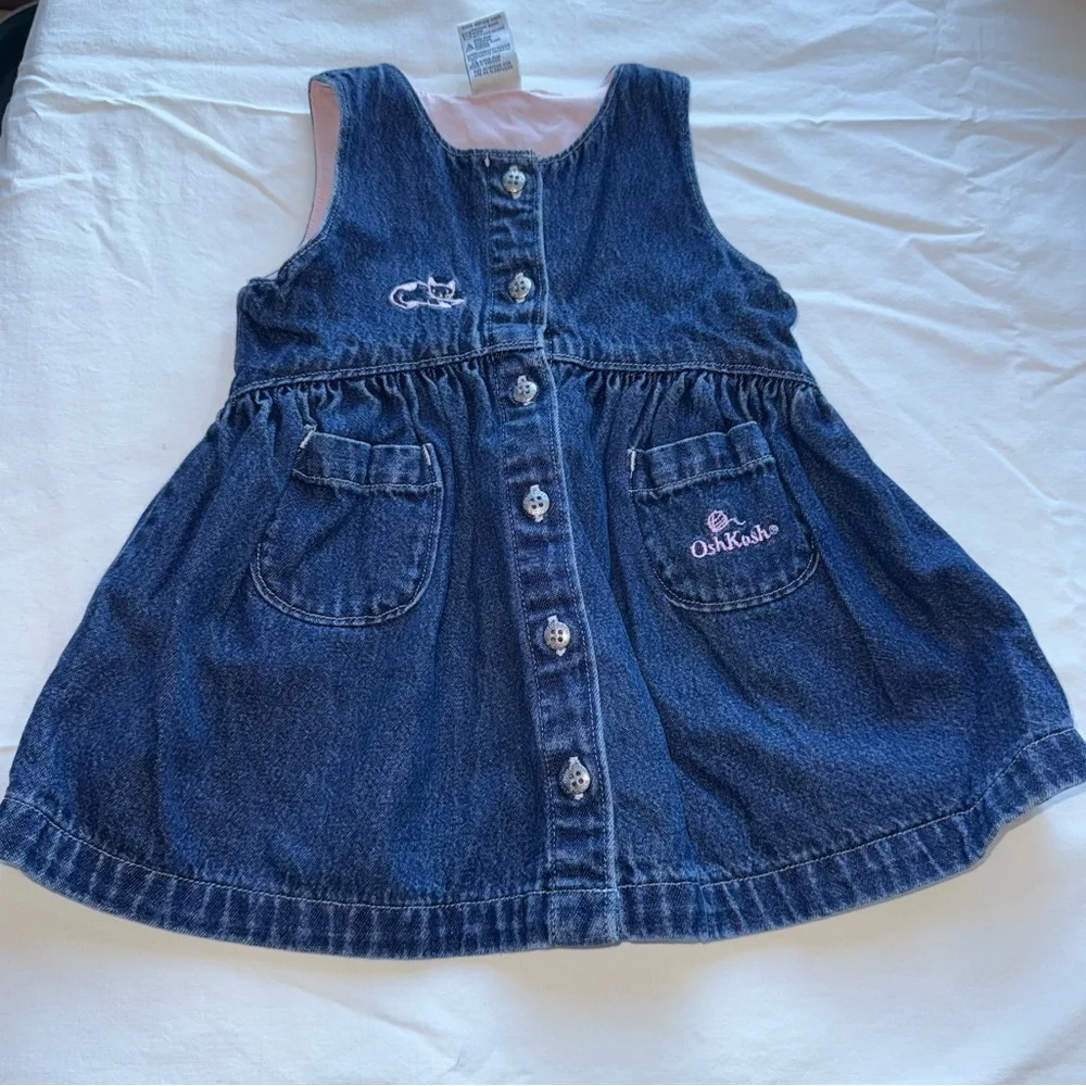 Y2K OshKosh B'gosh Blue Denim Kids Dress Embroidered Cat Yarn Pockets 18 Mo CUTE